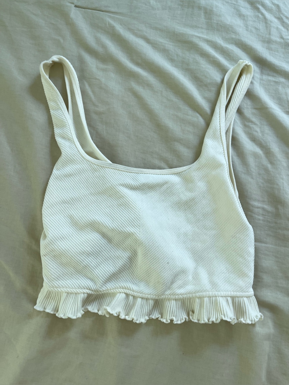 Zara White Ribbed Ruffle Hem Crop Tank